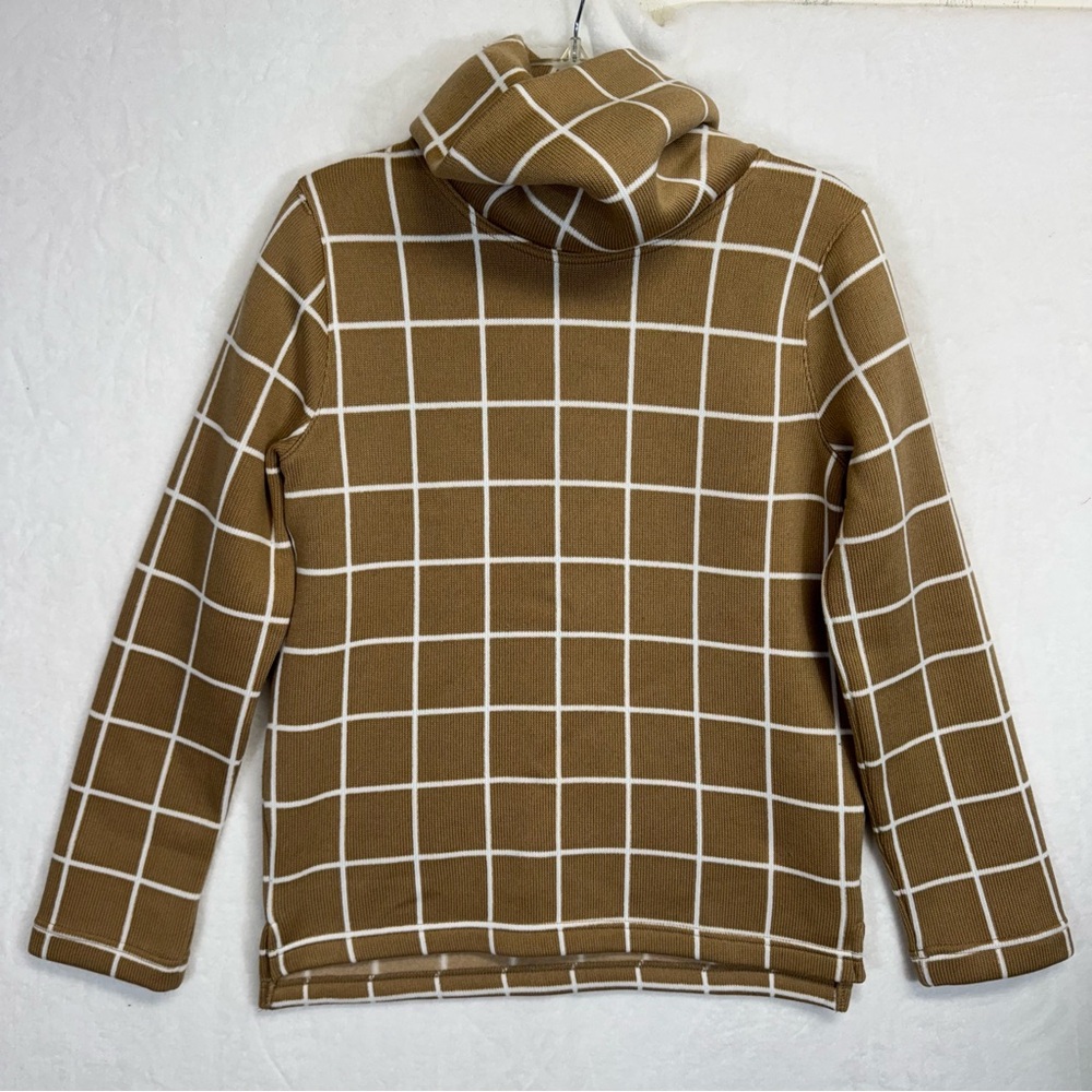 J.Crew Sweater Womens Medium Tan White Windowpane Funnel Neck Pullover Fleece
